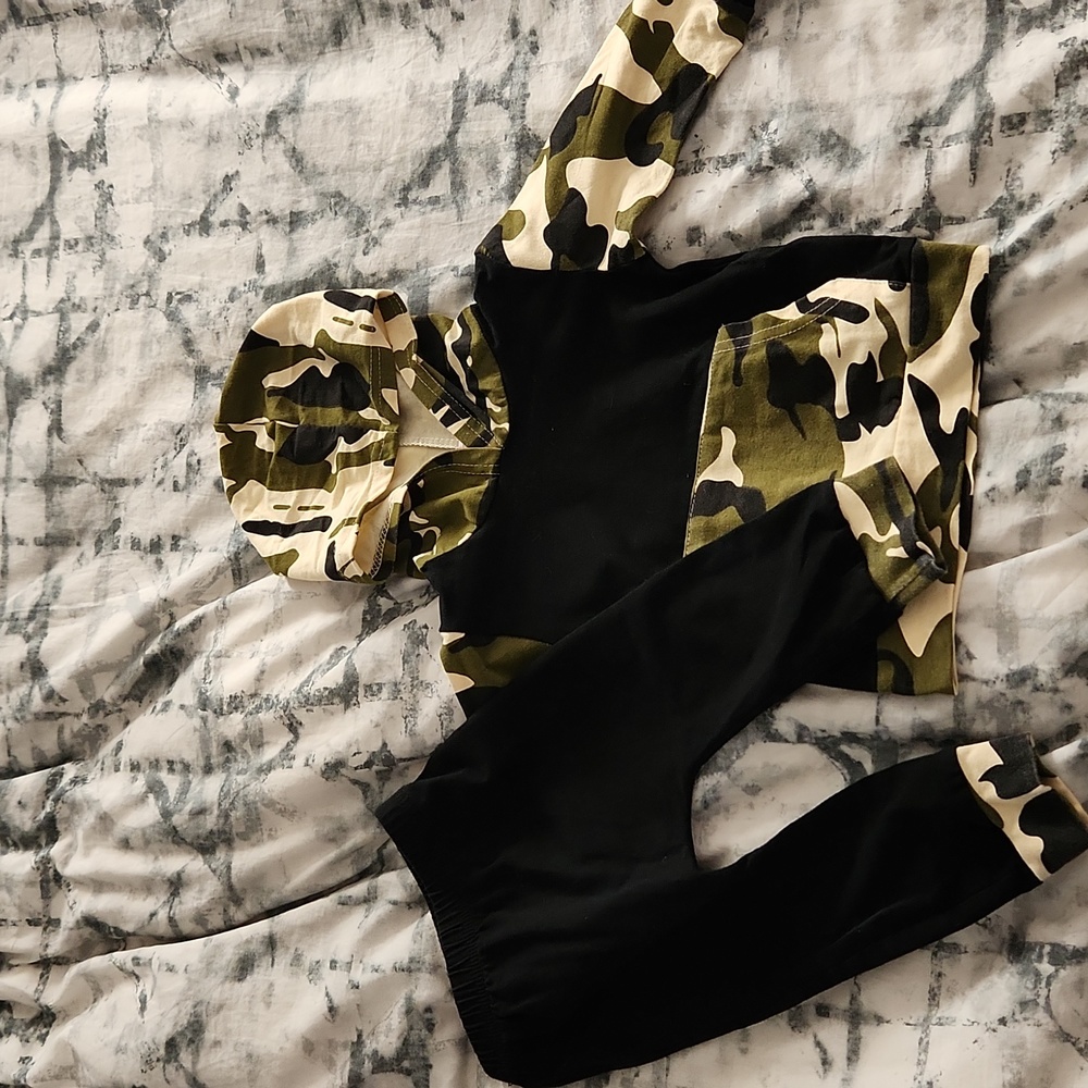 2pc baby outfit: black pants and black/camo hoody.  18-24month